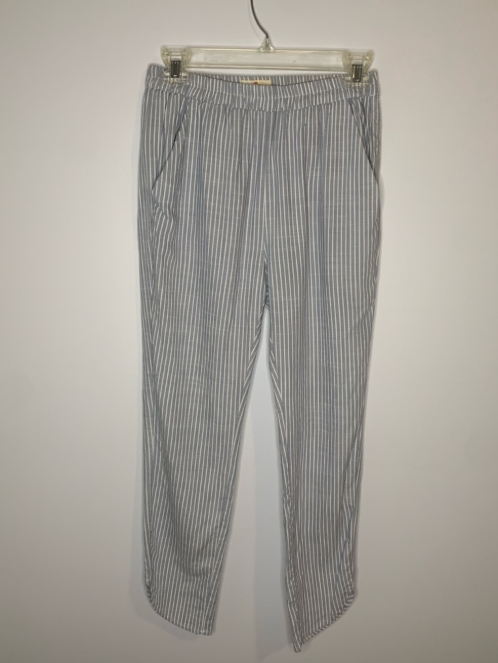 Marine Layer Light Blue and White Cropped Tulip Hem Pinstripe Pants